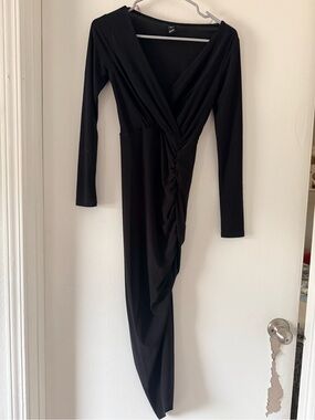Windsor Black Long Sleeve Wrap Ruched Asymmetric Dress